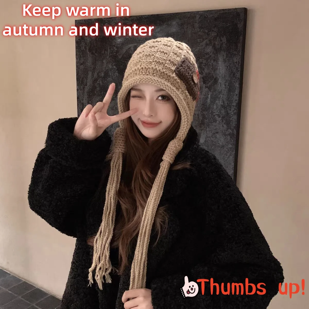 Color Block Ear Protection Knit Beanie, Warm Winter Hat for Women, Vintage Button Knitted Cap Multiple Colors
