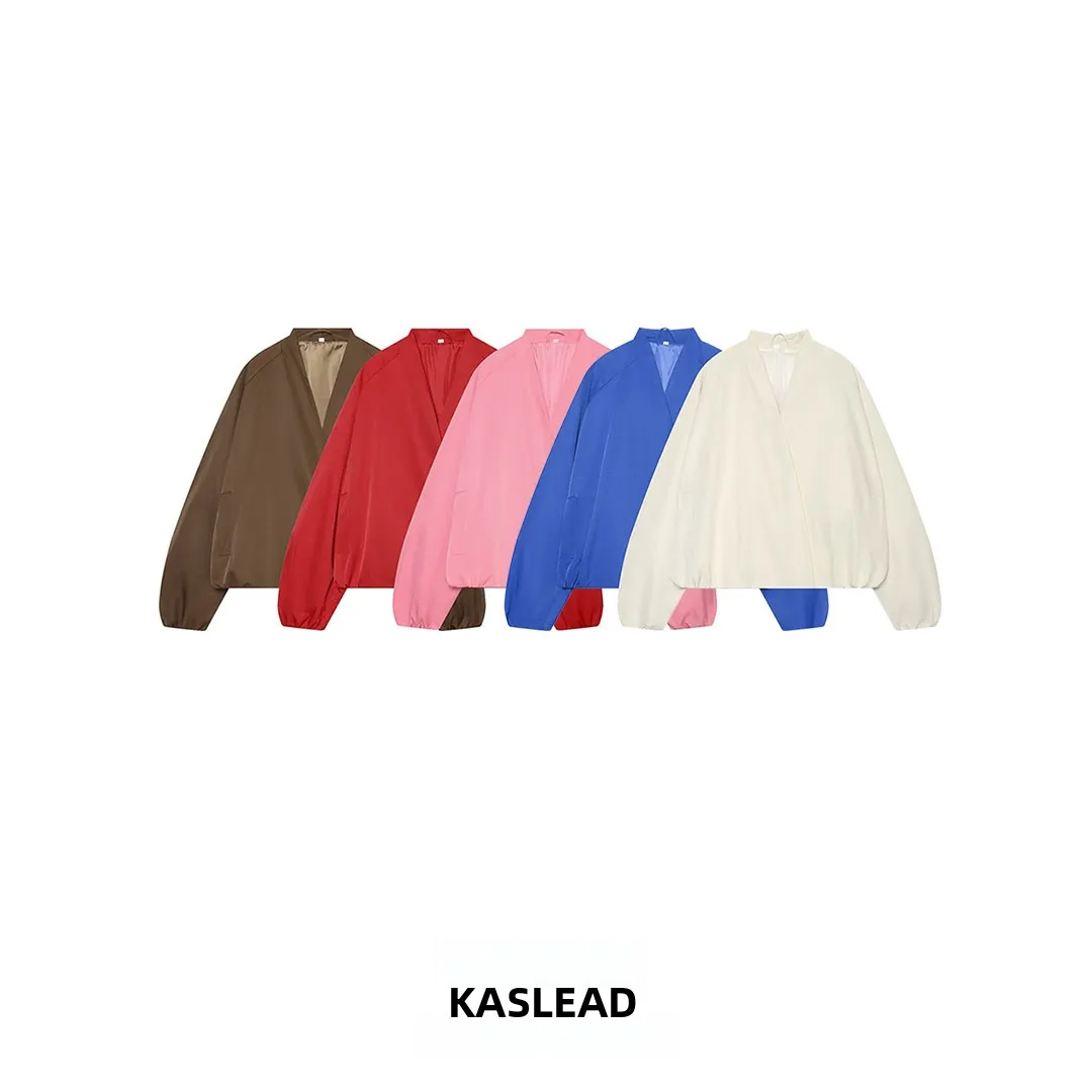 KASLEAD New Women's Fashion Long Sleeve V-Neck Pilot Jacket Outerwear Polyester Fiber Loose Fit Short Style Autumn Season