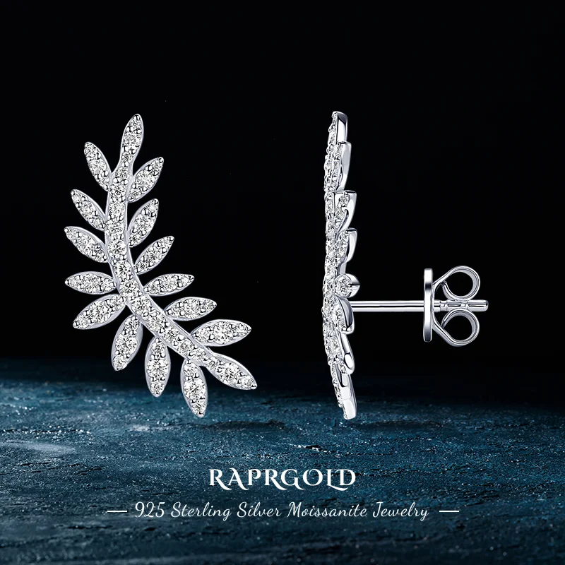 RAPRGOLD Moissanite Round Leaf-Shaped Climber Stud Earrings for Women New Trending Earring 925 Sterling Silver Fine Jewelry Gift