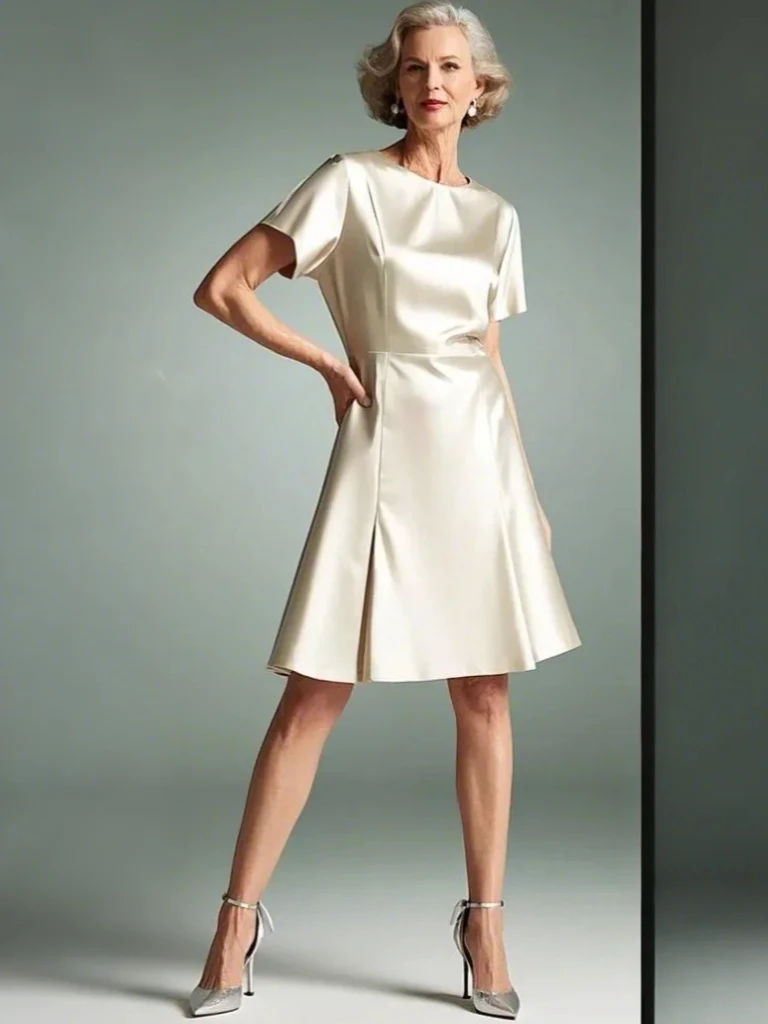 Elegant A-Line Wedding Guest Mother Dress Satin Knee Length Scoop Neck Short Sleeves Formal Evening Dress 2025 Free Customized