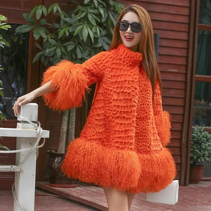 

Genuine real natural rabbit fur coat women fashion fur jacket with Mongolia Sheep fur sleeve and hem ladies loose outwear