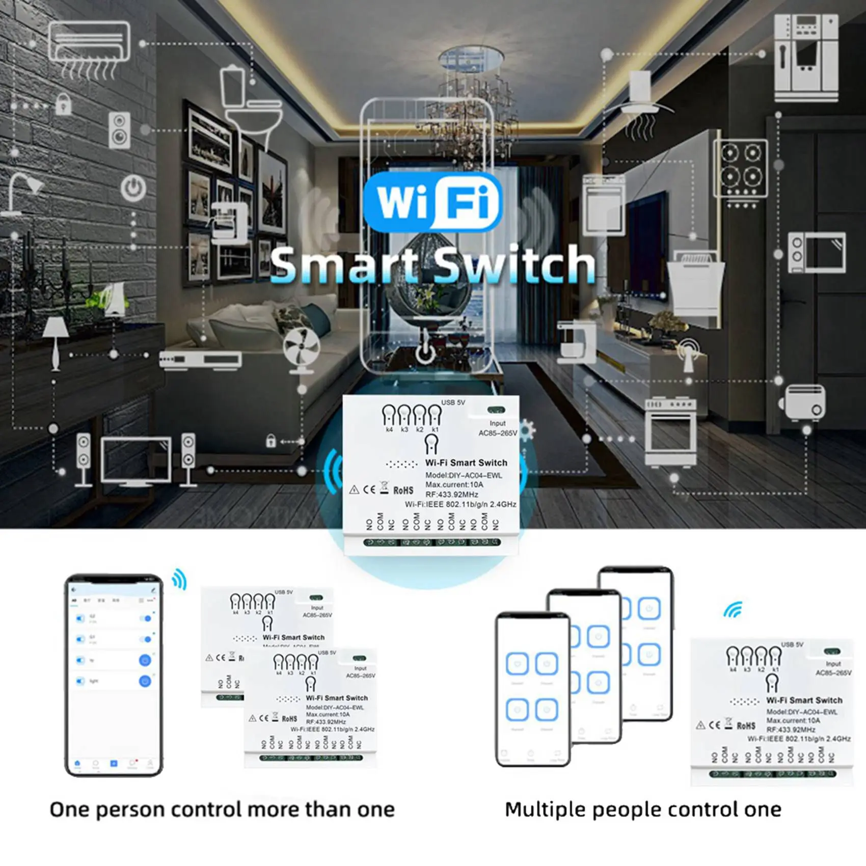 

Superb 4X 4CH Ewelink Wifi Smart Switch RF433 85-265V 2.4G Wifi Smartlife Home Automation Module For IFTT Alexa Google Home