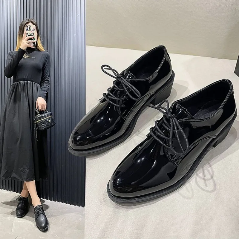 Women Oxford Flats Autumn Spring PU Leather Shoes Woman Full Black Office Female Derby Lace-up Zapatillas Mujer Casual Loafers