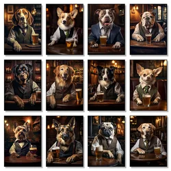 French Bulldog Pug Corgi Dogs in The Pub Poster and Prints Pet and Beer Canvas Painting Wall Art For Bar Club Home Room Decor