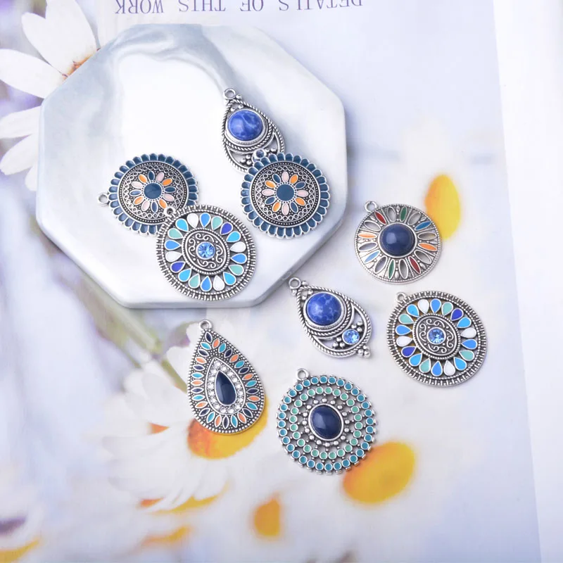 12 Stück/Set 18*36mm Legierung Antik Silberfarben Acryl Runde Marineblaue Anhänger Schmuckzubehör Emaillierter Anhänger – Detail 11