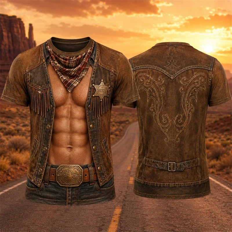 Men's Western Cowboy 3D Print Short Sleeve T-Shirt Vintage Sheriff Badge Fringe Vest Look Retro Country Style Casual Top