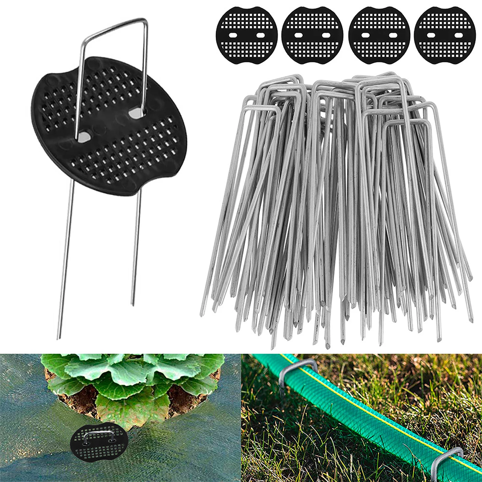 

60/120pcs Garden Peg Silver Metal U-Shape Garden Staple Garden Ground Nail with Buffer Washers for Securing Weed Control