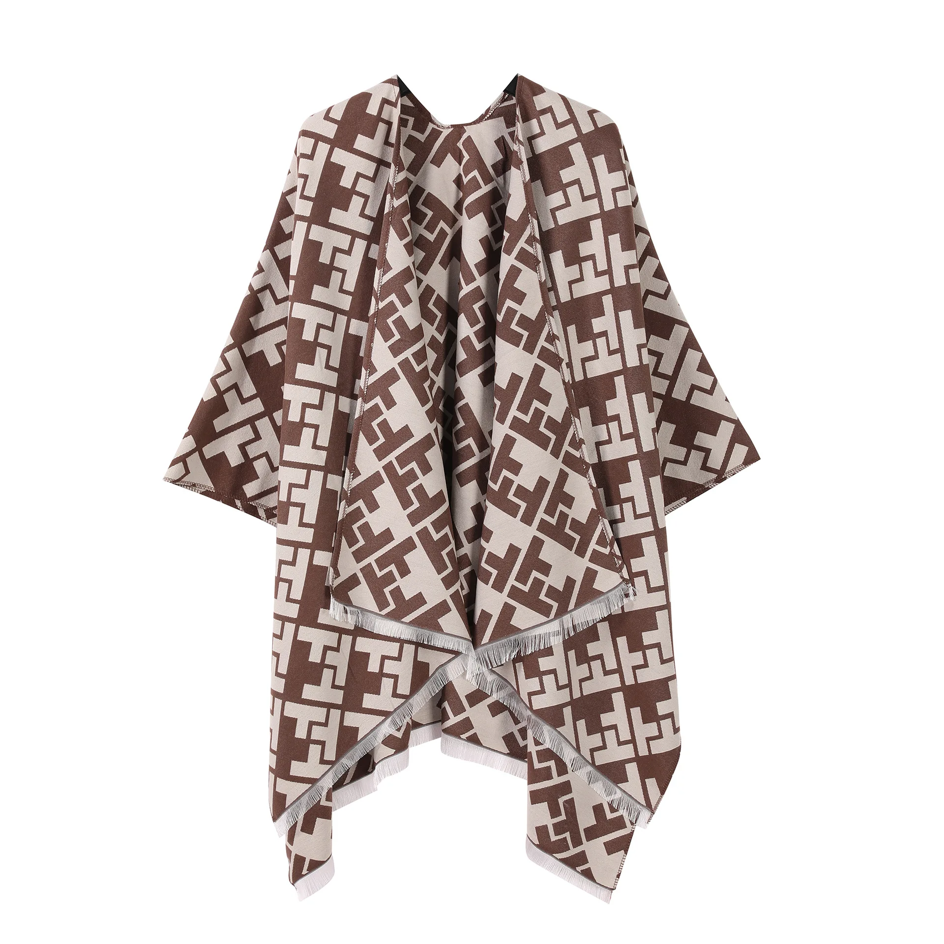 Autumn 2026 New Knitted Floral Shawl Cowl Neck Open Cardigan Women's Outerwear Wrap Large Scarf Warm Ethnic Style Polyester