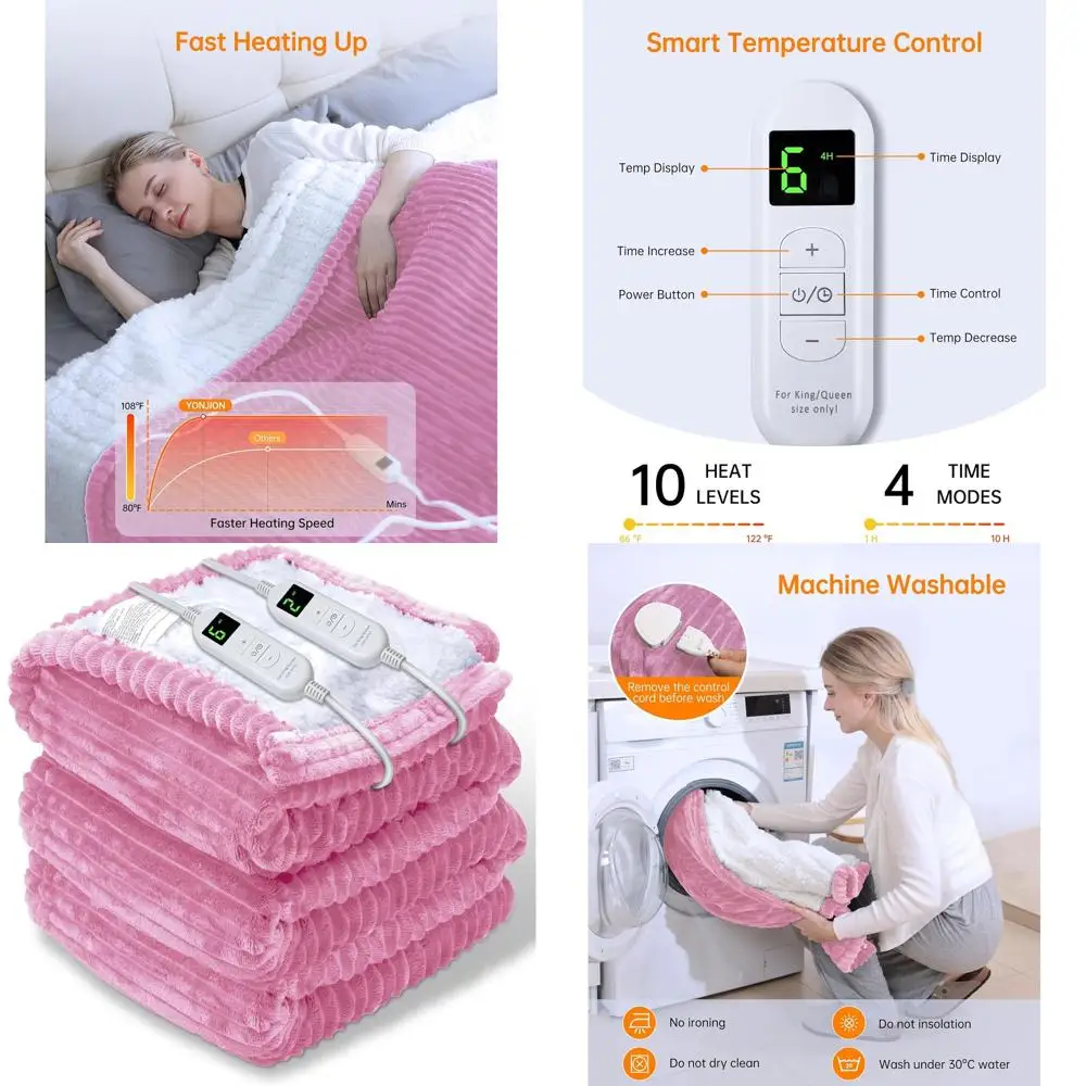

Pink 90x100 Inch Electric Heated Blanket with 4 Timers & 6 Heat Levels - Perfect Winter Gift for Adults