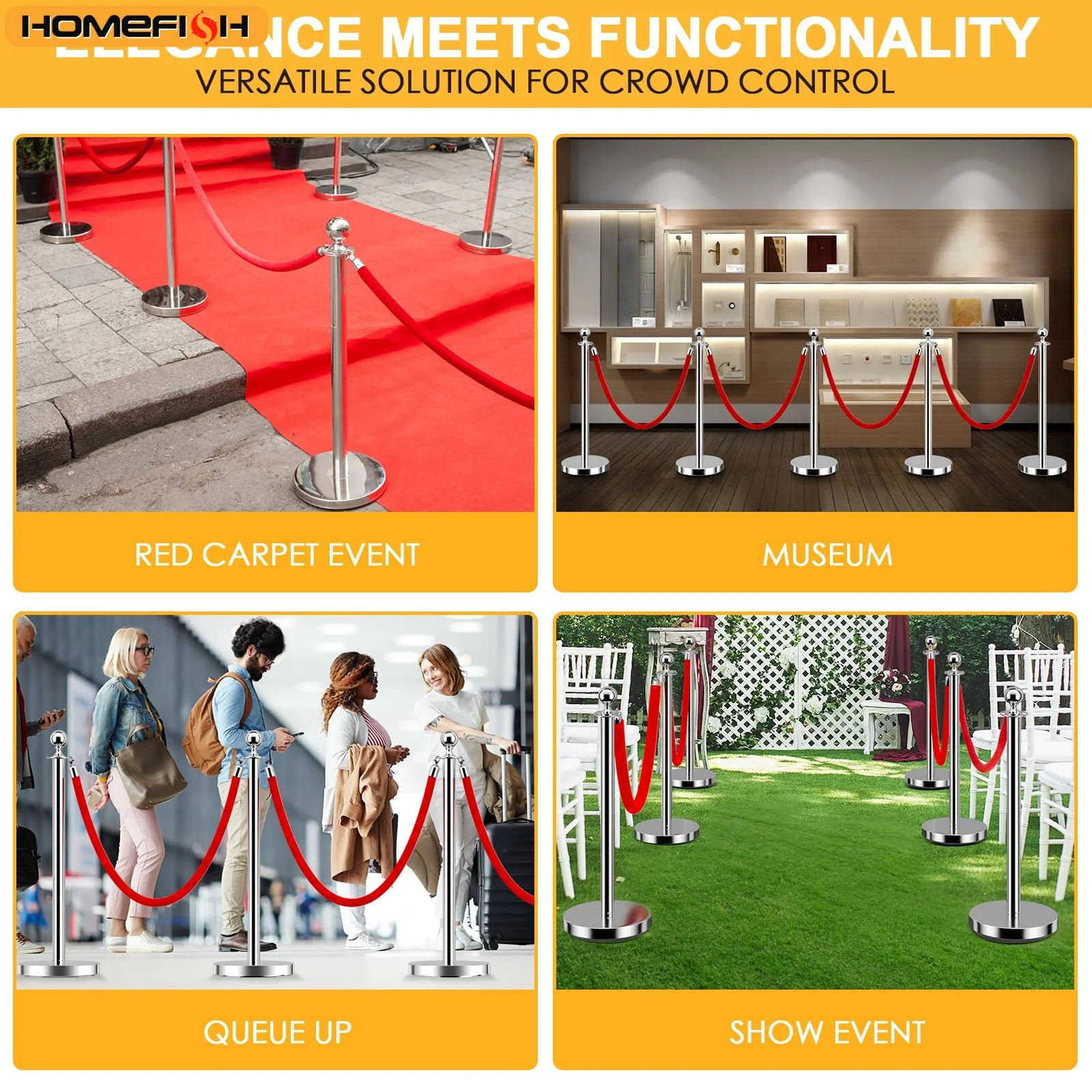 SucceBuy 38Inch Gold Silver Stanchion Posts Queue Red Velvet Rope Crowd Control Line Barriers w/ Stable Base for Party Supplies