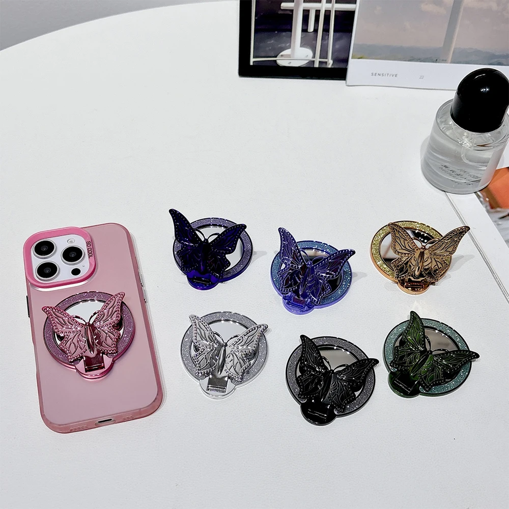 Universal Phone Kickstand Glitter Butterfly Mobile Phone Holder Ring Grip Round Mirror Mount Stand for iPhone Samsung Xiaomi view 3