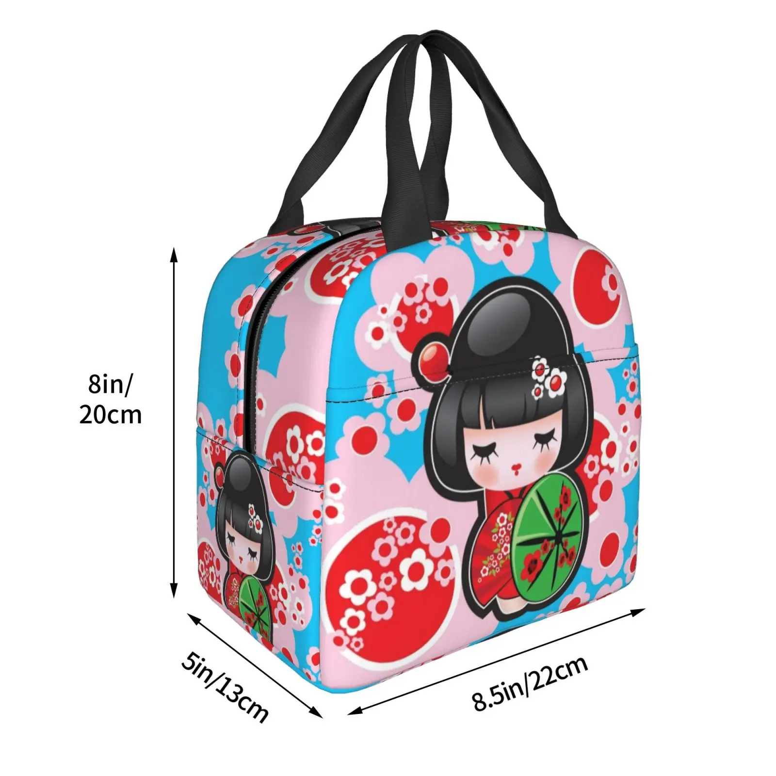 Kawaii Kokeshi Doll Cherry Blossoms Insulated Lunch Boxes Cute Japanese Dolls Girl Art Storage Food Box Cooler Thermal Lunch Bag