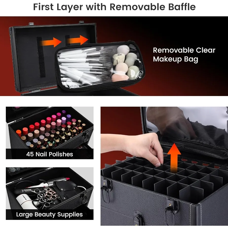 Koper Rias Profesional 3 in 1 Beroda, Koper Kosmetik dengan Roda, Koper Rias untuk Perjalanan, Koper Rias dengan Tas Rias