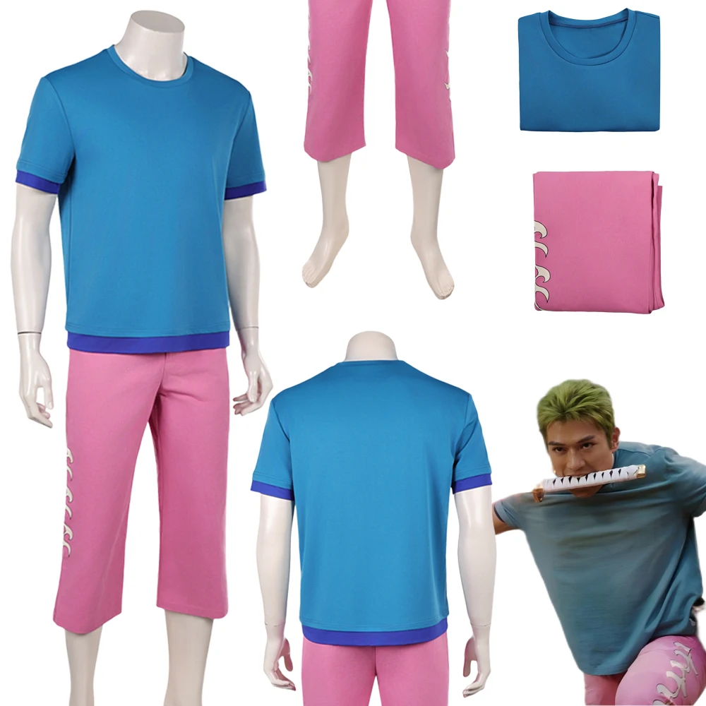

Fantasia Pirate Roronoa Of Zoro Cosplay Blue T Shirts Pants 2026 Live Action TV Disfraz Costume Men Halloween Carnival Clothes