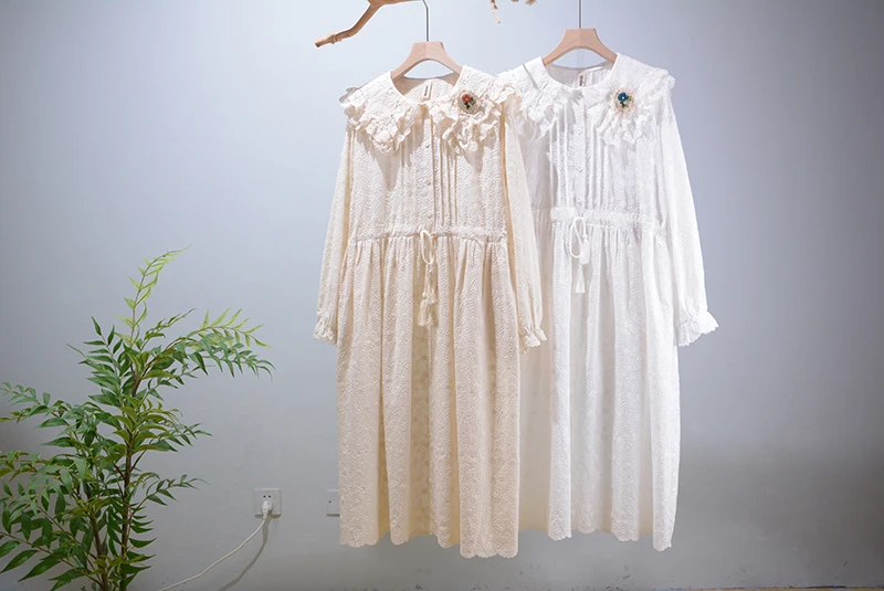 Spring Autumn Japanese Style Mori Sweet girl solid Cotton Embroidered Dress Women Long Sleeve Midi Dress