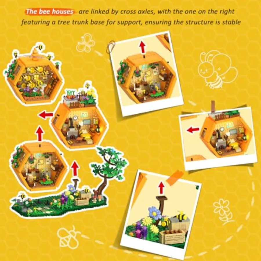 Bee Farm House Building Set with Light, 1773PCS Honey Cabin Building Block Toy with Flower Botanical Animals, Home Decor Treehouse Construction Model Kit, Gift for for Adults Boys Girls 12+,Please pay attention to the options.