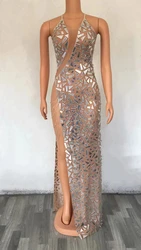 Sparkly Mirror Rhinestones Mesh TransparentSleeveless Split Long Dress Evening WeddingCelebrate Birthday Dress Women Show A115