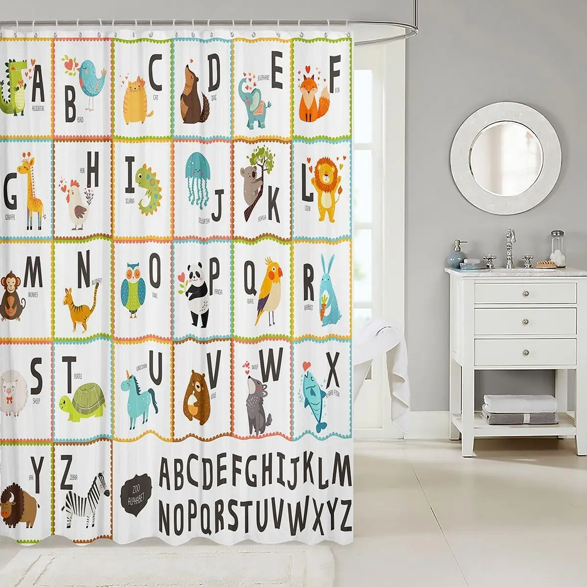 Cute ABC Alphabet Animal Kids Shower Curtain for Bathroom Nursery Educational Decor Polyester Waterproof Bath Curtain
