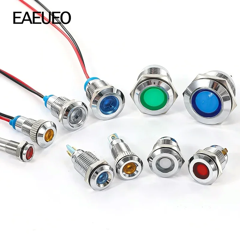 

50Pcs 6mm 8mm 10mm 12mm 16mm Metal LED Warning indicator light Waterproof Signal Lamp Pilot Wires switch 5V 12-24V 220V Red Blue