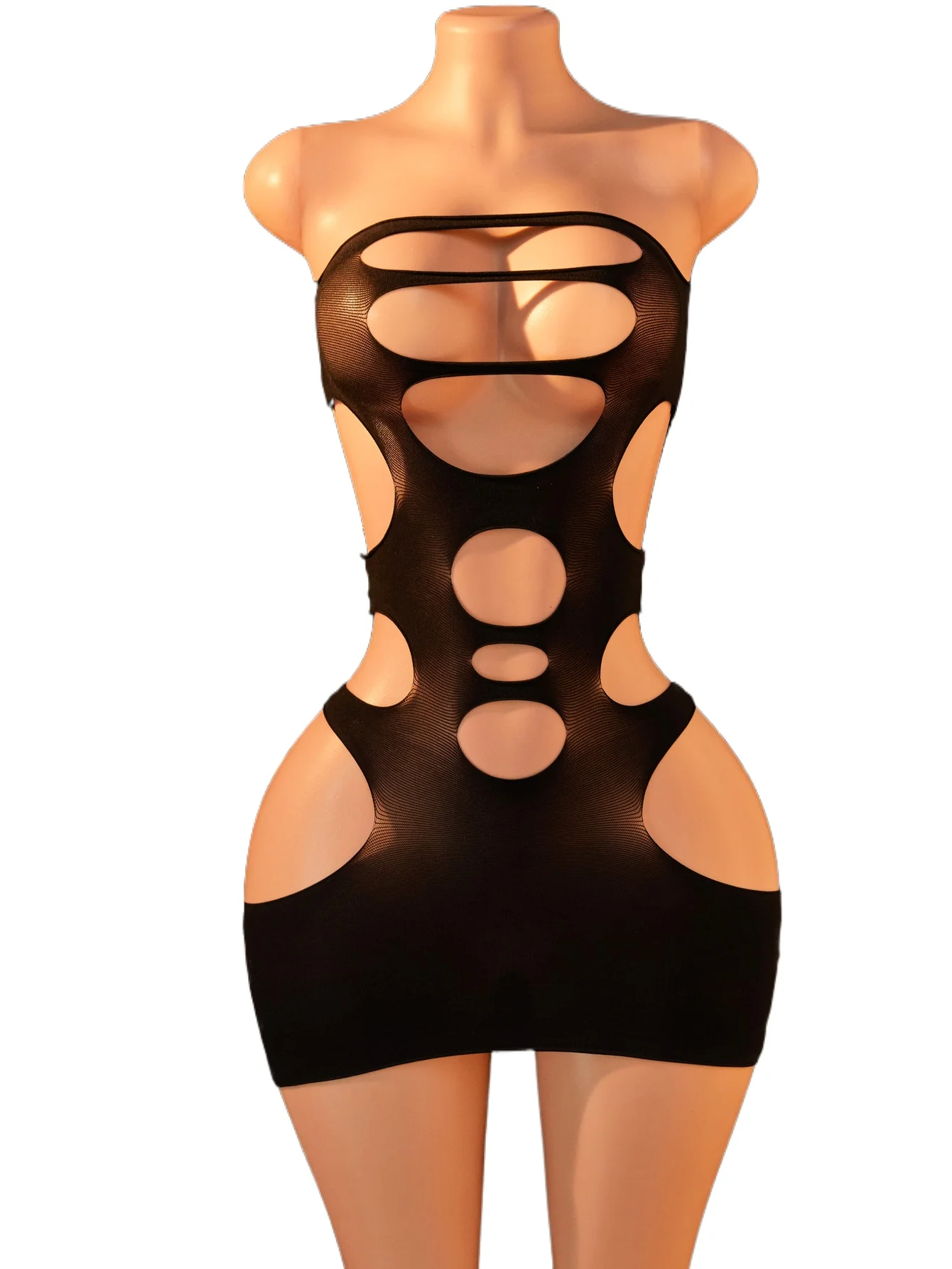 FHSEER Strapless Women's Sexy Lingerie Hollow Out Bodycon Dress Cutout Open Back Babydoll See Through Mesh Dress for Night Club