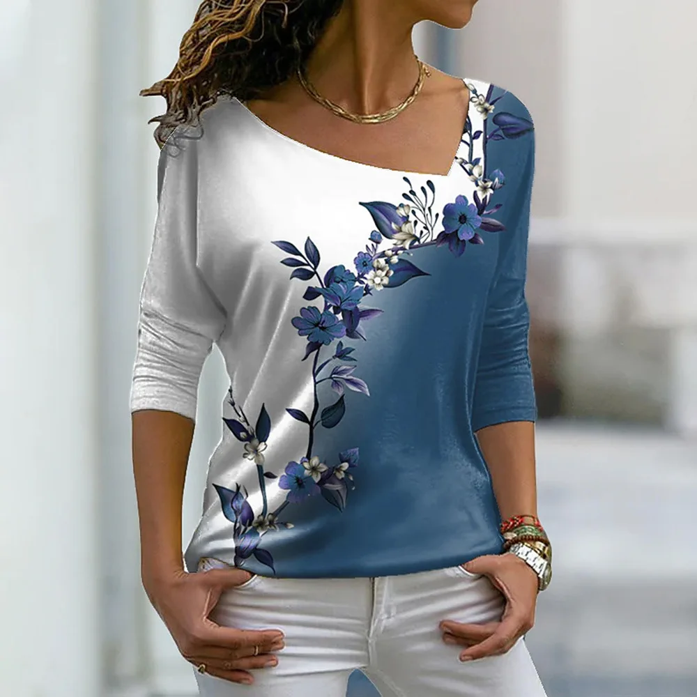 Hot S femmes v-ne fleur T-shirt Long Sve haut CleanFit H Version mi-année hiver lin matériel autres matériaux