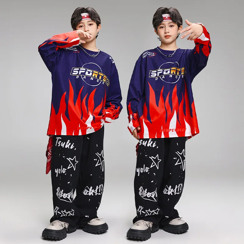 Kid Cool Hip Hop Clothing Navy Blue Flame Sweatshirt Top Black Casual Print Sweat Pants for Girl Boy Jazz Dance Costumes Clothes