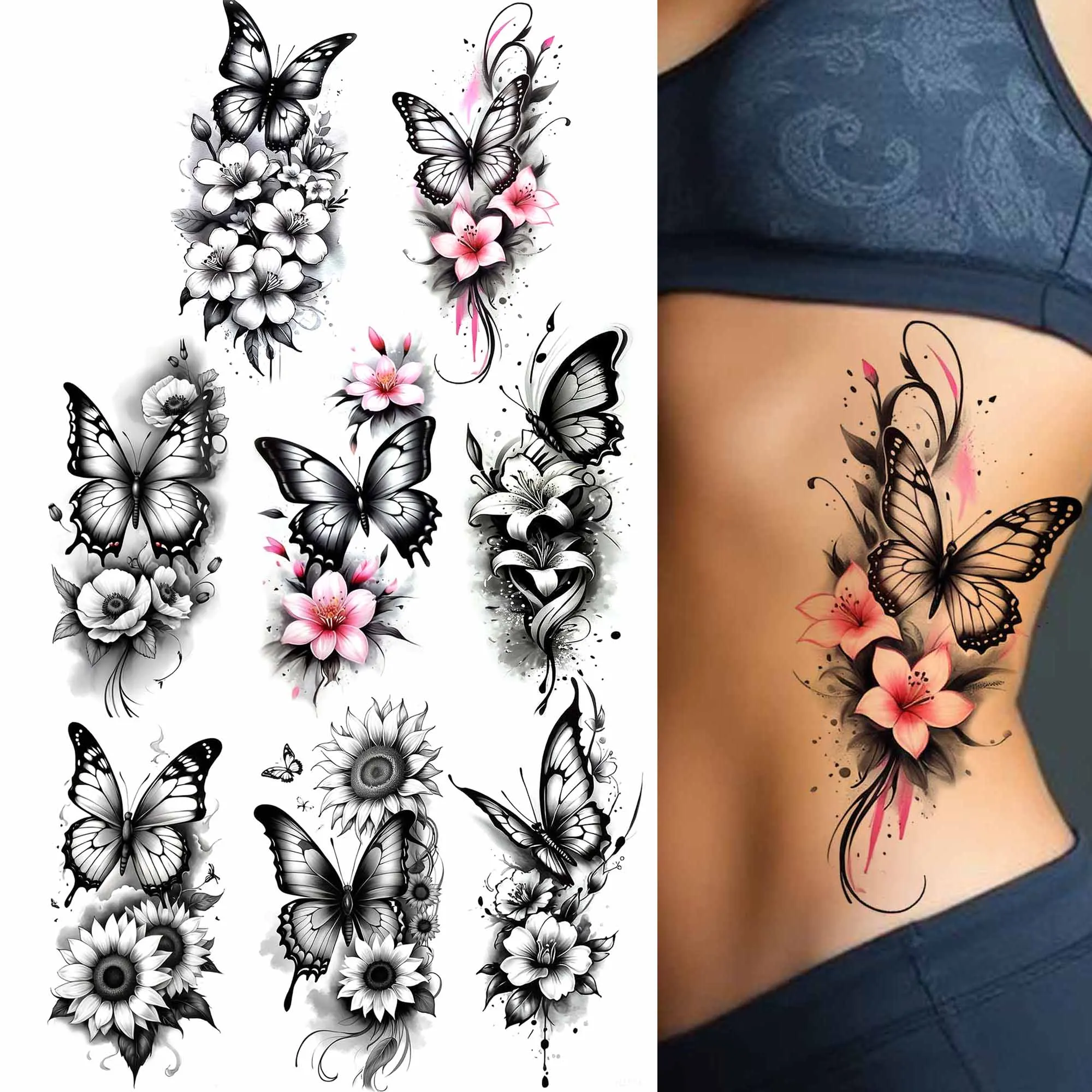 

1 Sheet Sexy Butterfly Sunflower Plum Temporary Tattoos For Women Girls Waist Breast Arm Forearm Flower Fake Temp Tattoo Sleeve