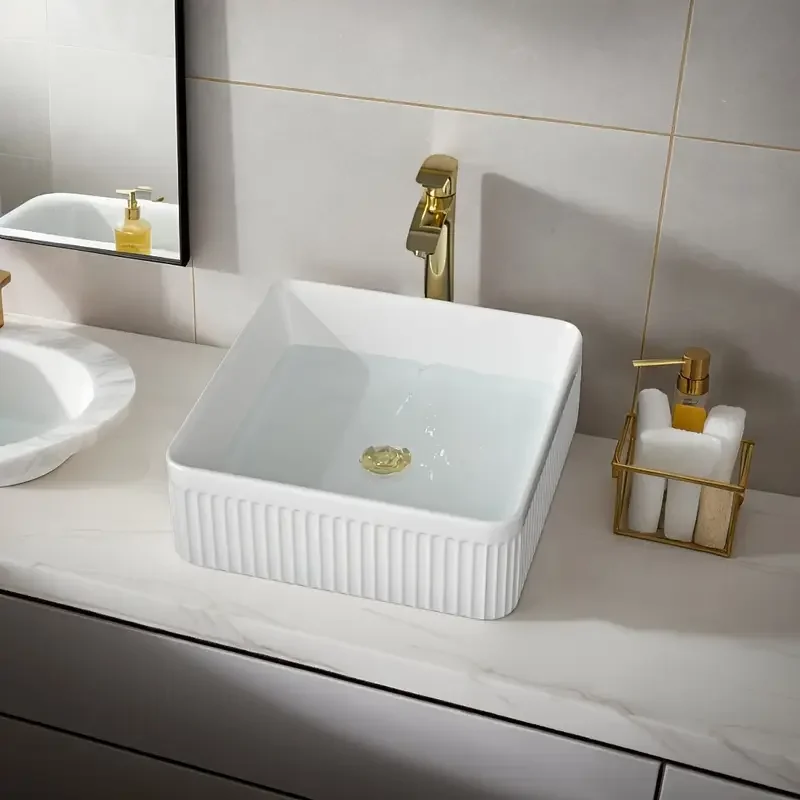 Elegant Silver Ceramic Vessel Sink, Square Design Ceramic Wash Basin - Ideal for Modern Bathroom Fixtures, Suitable for Dressing Rooms, Vanities, and Bathrooms