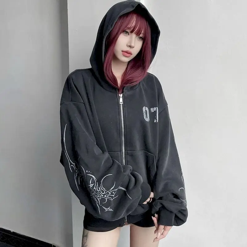 

Oversized Hoodies Women Men Niche Washed Vintage Printed Hooded Cardigan Jacket Zipper Casual Street Versatile Hoodie Autumn Top