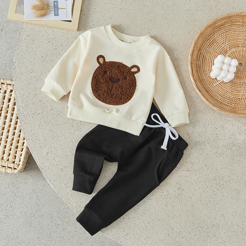 Suefunskry Infant Baby 2Pcs Fall Outfits Long Sleeve Bear Embroidery Pullover Tops and Pocket Pants Warm Clothes Set 0-3Years