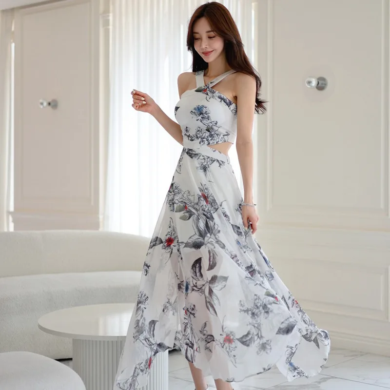 E Vestido Largo de Gasa Estampado sin Mangas Estilo Diosa Verano 2024 con Cinturón, Ropa de Playa de Cintura Alta para...