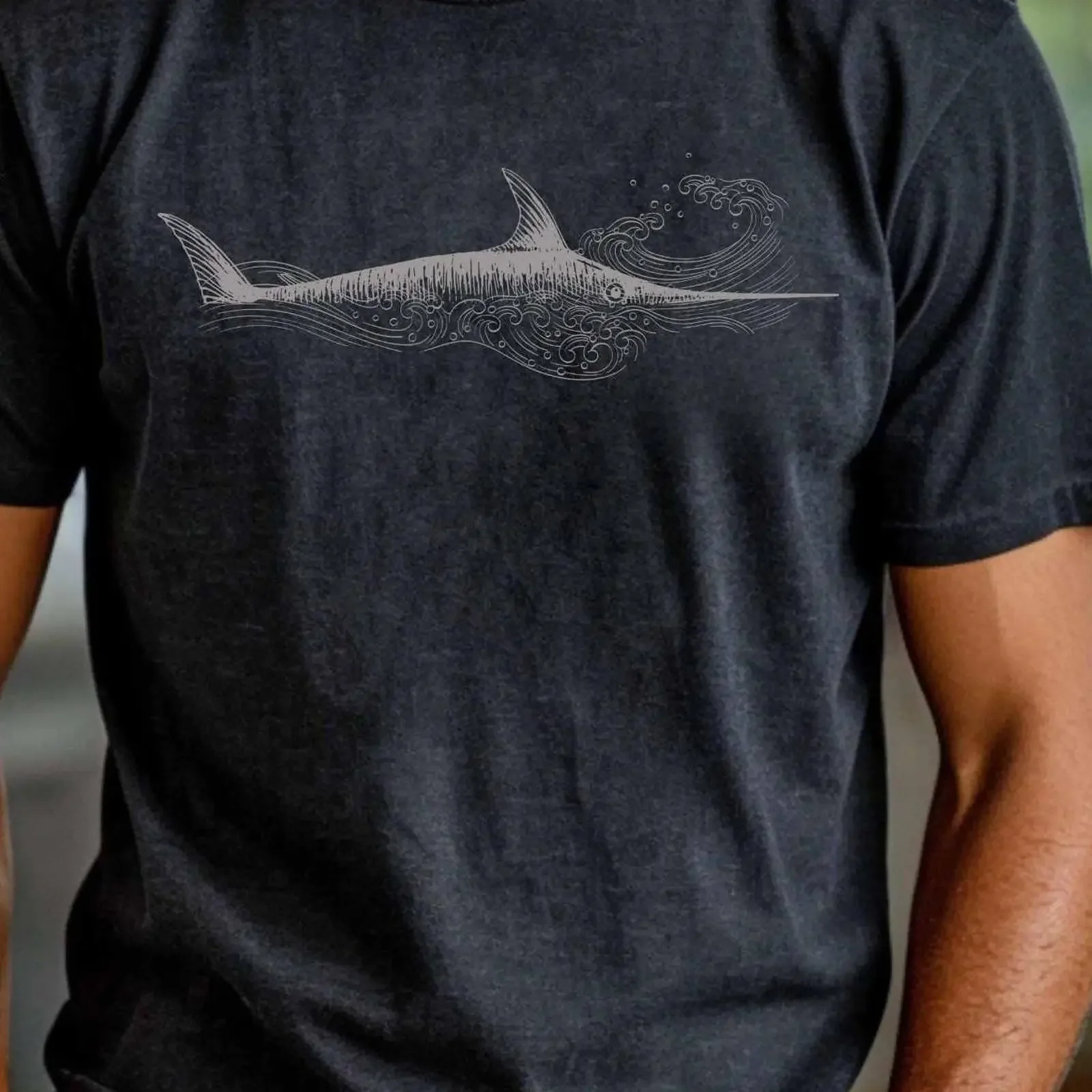 Vintage Marlin Fish T Shirt Men Ocean Wave Sport Fishing Fisherman Husband  vintage Washed Unisex Stretched Stylish Versatile