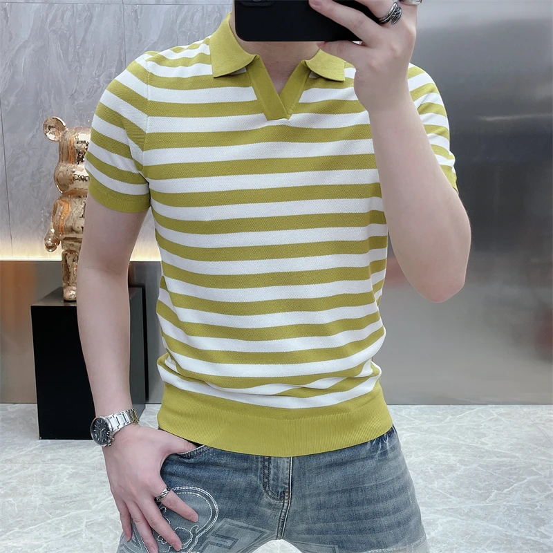 2024 Summer Striped Knitted Polo T-shirts Men Short Sleeve Casual Business Lapel Tshirt Slim Fit Ice Silk Breathable Knitwear