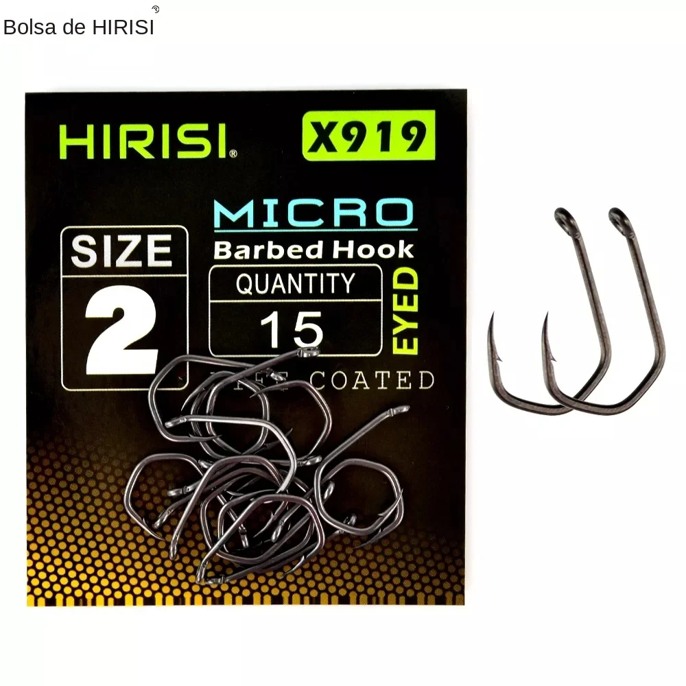 Hirisi 15pcs PTFE Coated High Carbon Steel Fish Hook Micro Barbed With Eye Carp Fishing Hook Accessories X919