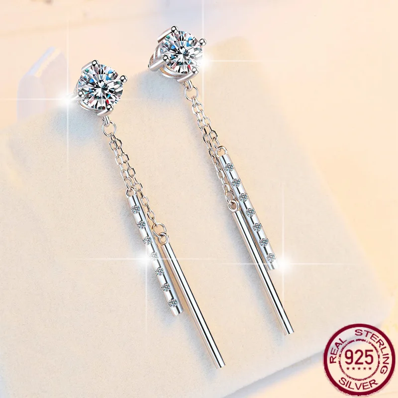 

New S925 pure silver earrings with tassels, long and simple fashion earrings, moissanite earrings for wedding jewelry