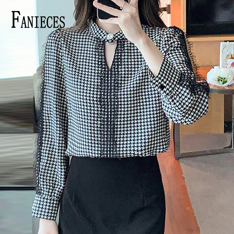 FANIECES High Quality Women Blouses Pullover Tops Elegant Stand Collar Vintage Houndstooth Print Long Sleeve Chiffon Lace Shirt