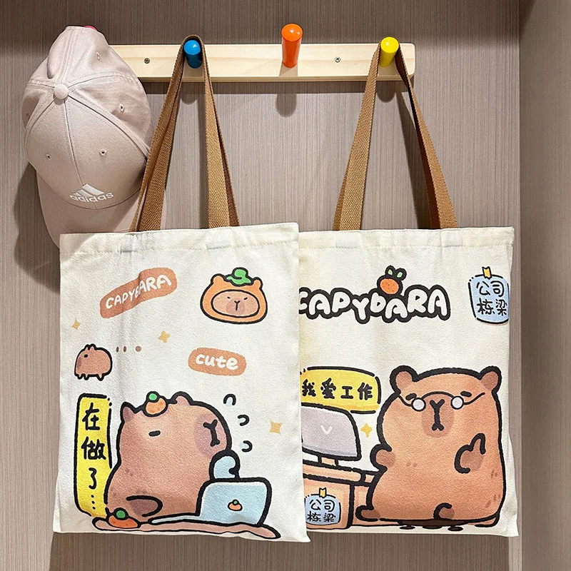 Cartoon Kawaii Capybara Canvas Bag Women's Novelty Creative Tote Bag Casual Light And Large Capacity Shopping Bag Gifts