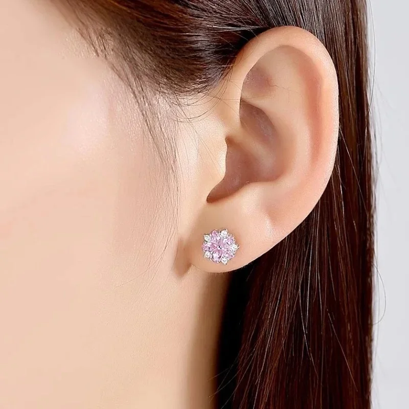 2026 Hot-Seller Pink Flower Stud Earrings Halo Clear Crystal Floral Snowflake Ear Studs For Women Elegant Wedding Daily Jewelry
