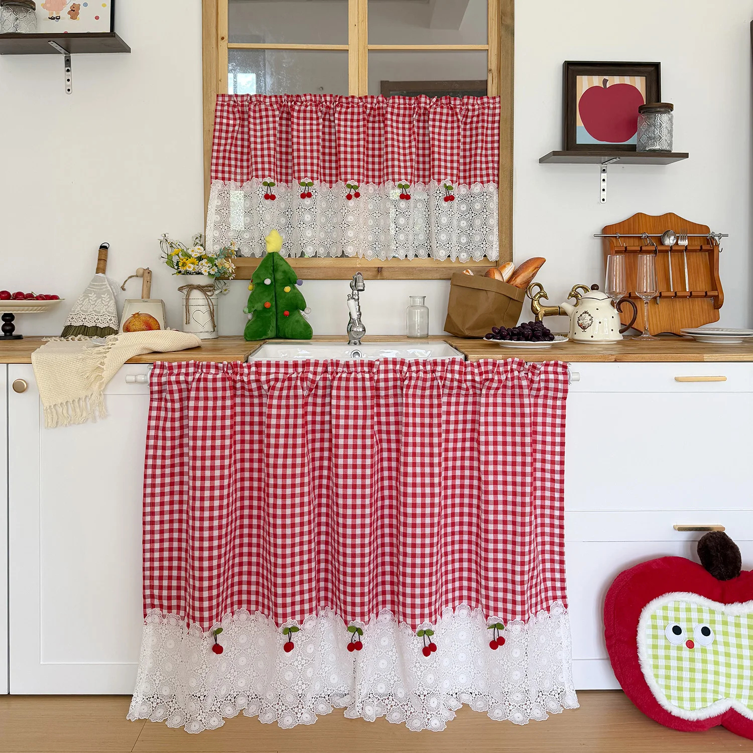 1Pc,Farmhouse Plaid Kitchen Cafe Curtain,White Lace with Bowknot Trim Curtains for Kitchen Sink Cabinet Decor,Small Window