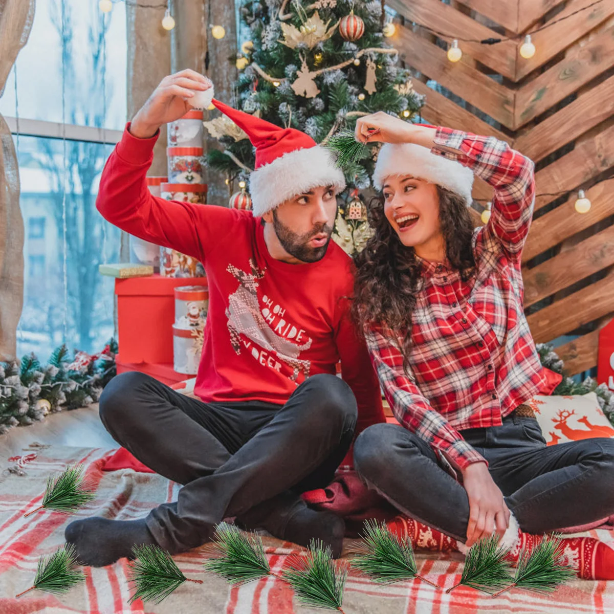 

30 pcs Lifelike Artificial Pine Needles White Realistic Plastic Decor For Christmas Wedding Party Photo Props Diy Accessories