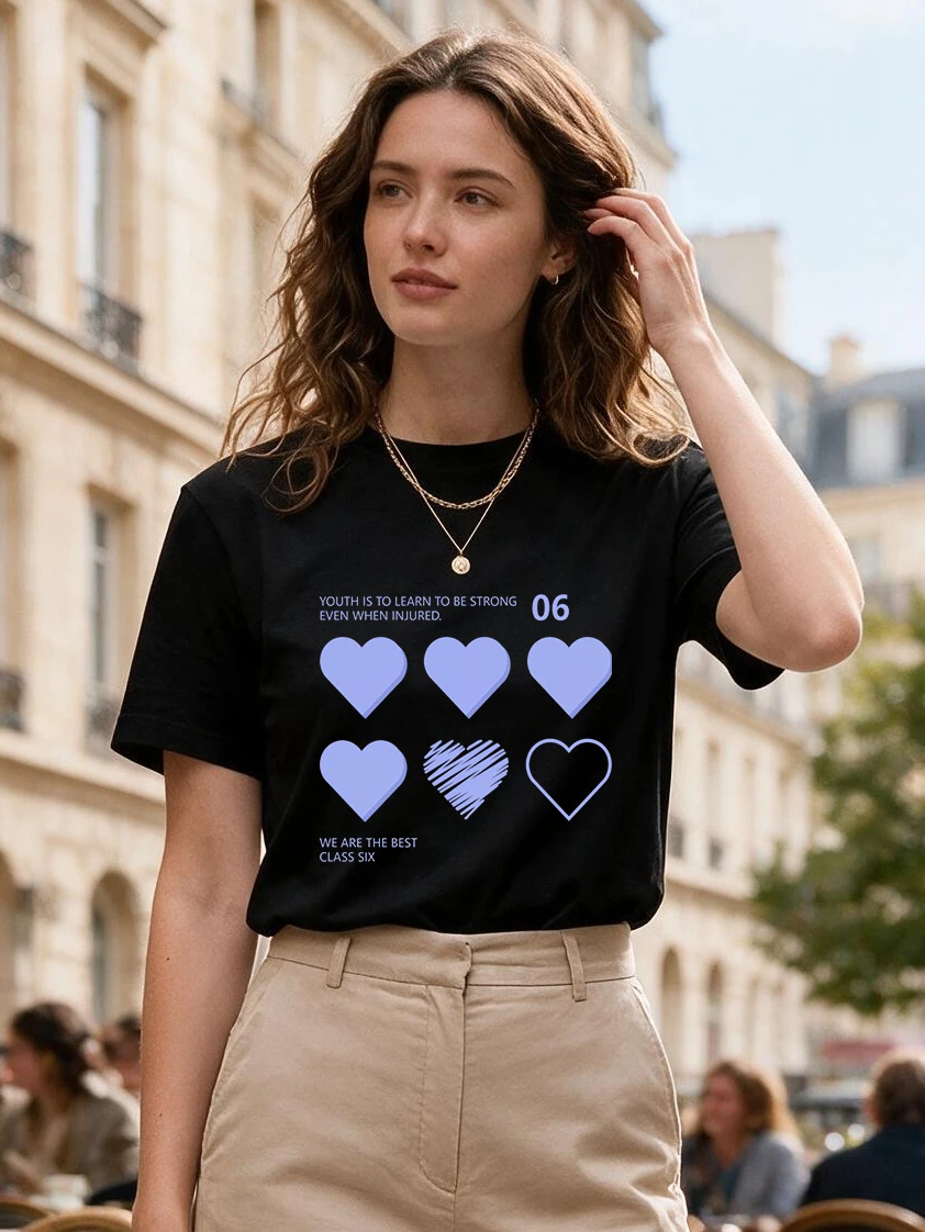 Six Blue Heart Print Black Crew Neck T Shirt Outfit Graphic Tees Tops Women's Gothic Y2k Short Sleeve T-shirt Clothes Female 90s