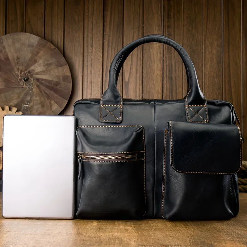 Bolso para ordenador portátil de cuero de vaca auténtico de alta calidad para hombre, maletín de viaje y bolso de mensajero, bolso de cuero de negocios