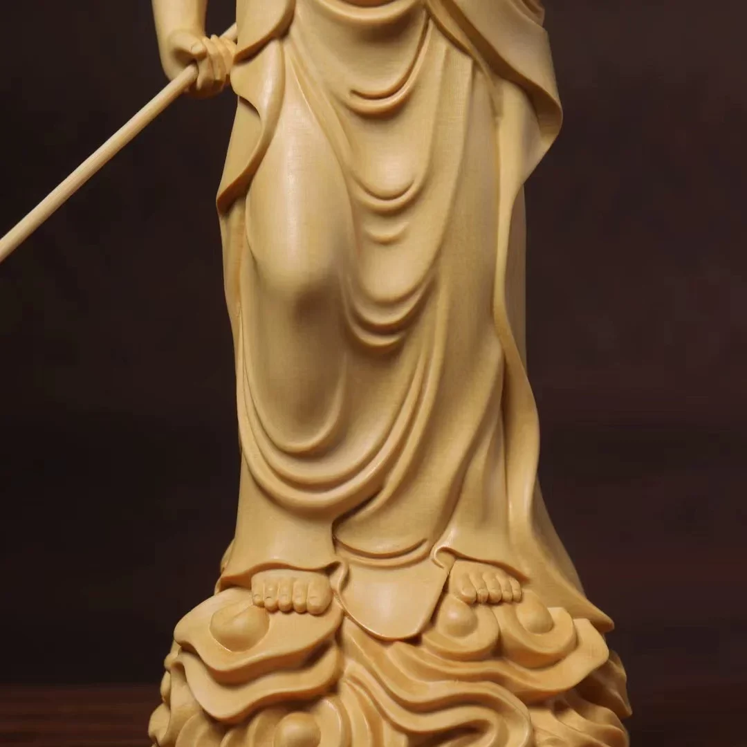 Hinoki Wood Hand Carved Ksitigarbha Dizang Bodhisattva Standing Statue Figurine W/ Staff Jewel - Spiritual Ornament Home Temple