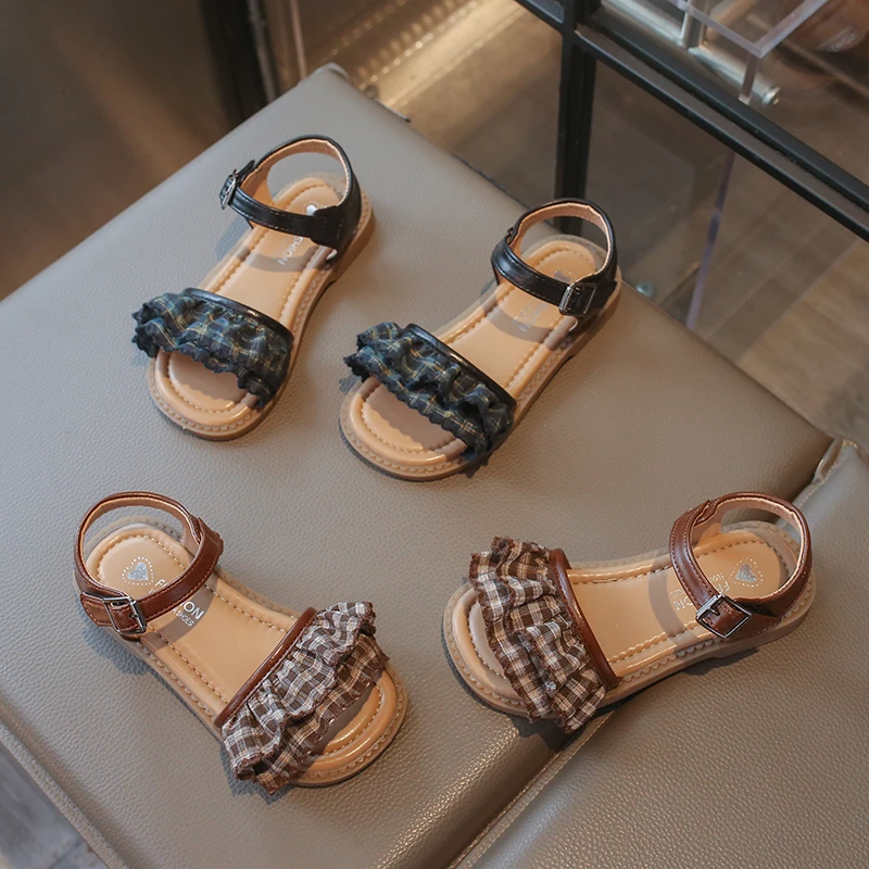 Retro Children Summer Sandals Princess Plaid Ruffle Girl School Causal Shoes Open-toe Breathable Kids Flat Sandals Outdoor Beach