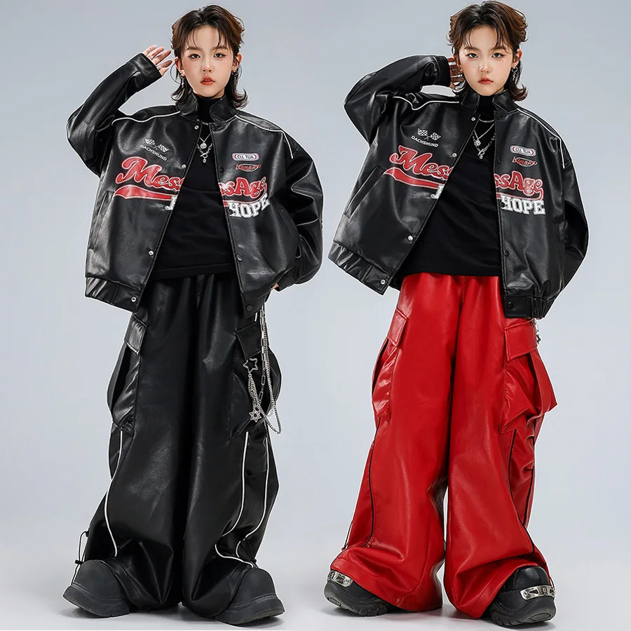 Children Boys Girls Streetwear Hip Hip Leather Baseball Jacket Cargo Pant Sets Kids Coat Trousers Fashion Show Clothes Costumes