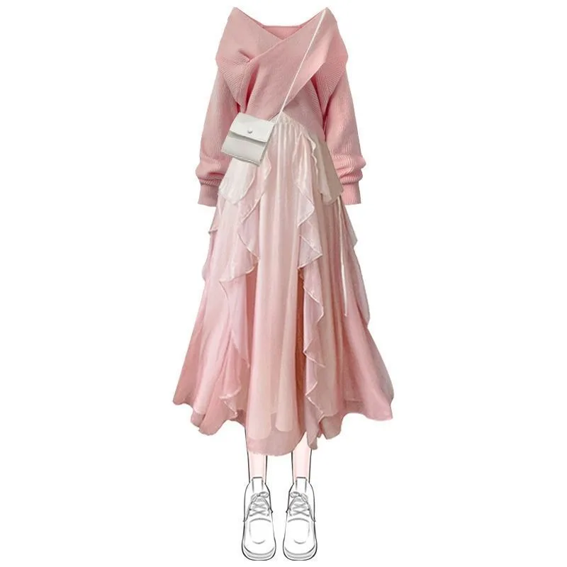 

2025 New Lolita Loose Pink Sweater Sexy Suspender Dress Casual Two-piece Elegant Women Dresses Set Vacation Outfits for Women's
