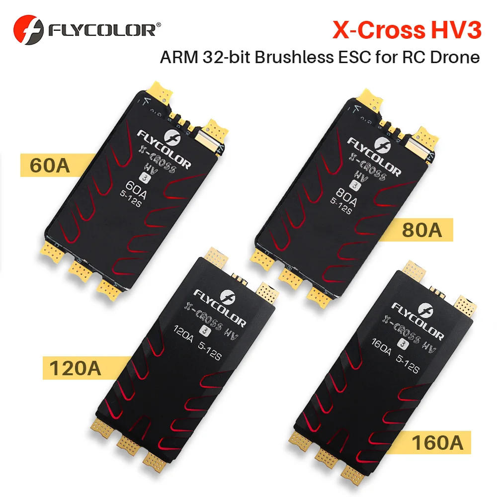 Flycolor – ESC sans balais x-cross HV3 60A 80A 120A 160A ESC 5-12S Lipo BLHeli-32 Dshot Proshot 64MHz 32 bits pour Drone de course RC FPV
