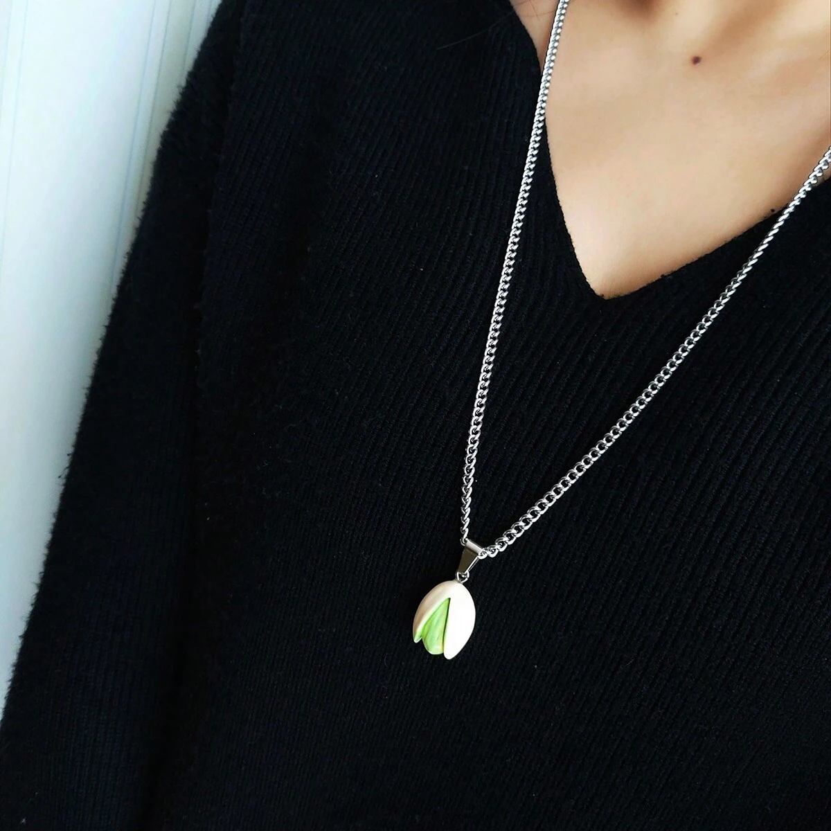 Stainless steel chain resin pistachio pendant long sweater chain necklace men's and women's unisex accessories