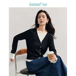 INMAN Knitted Cardigan false two-Piece V-neck 2024 autumn women's sweater slim-fit outerwears tops