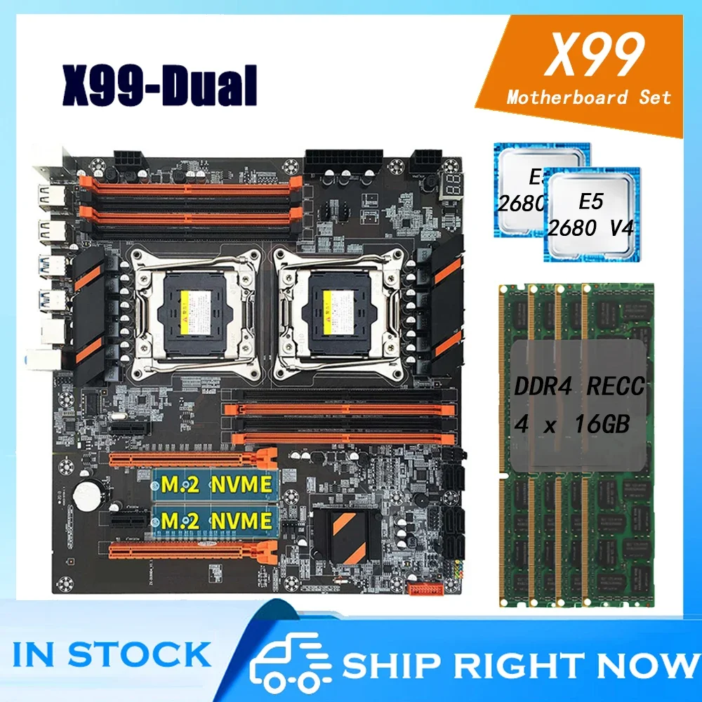 X99 Motherboard Set Dual CPU with E5 2680 V4 64GB DDR4 Ram 2400mhz Support USB3.0 SATA3 M.2 X99 Sever Combo